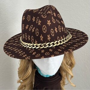 Brown Felt Fedora Hat with Chainlink Wide Brim Band